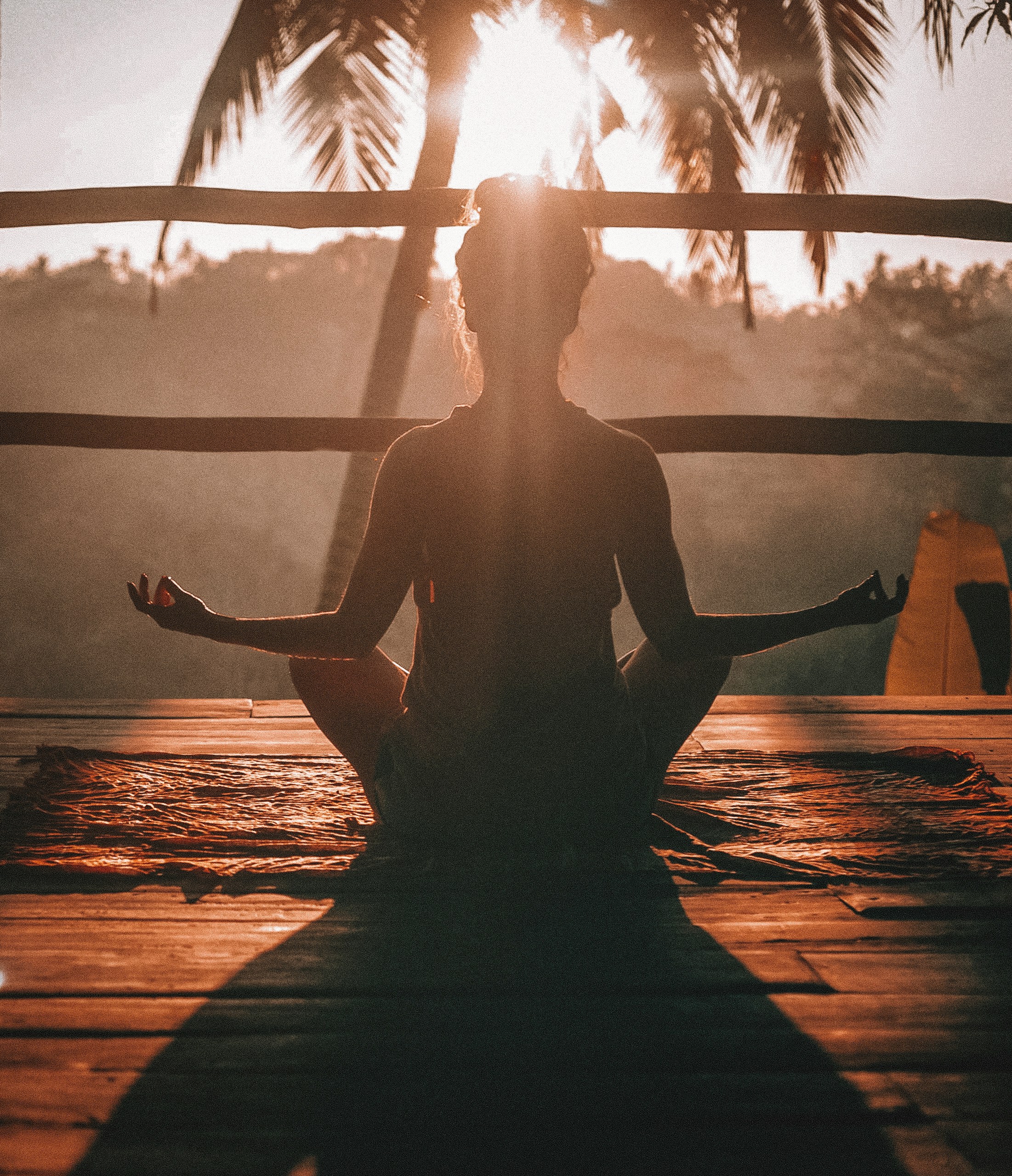 Meditation at sunset under palm trees